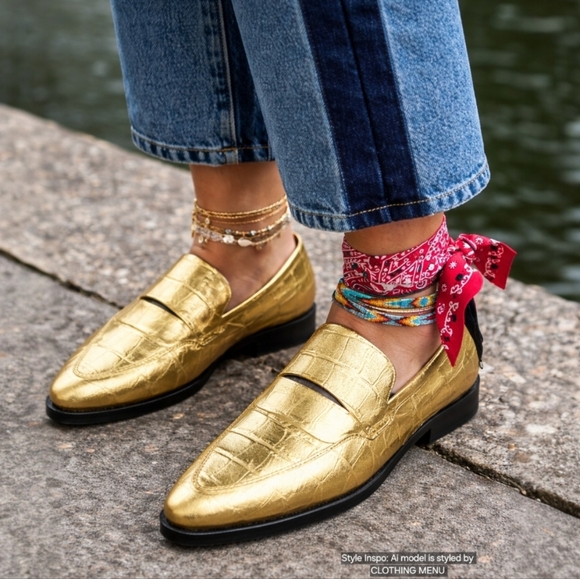 Rebecca Minkoff Shoes - REBECCA MINKOFF Pacey Gold Penny Loafer Leather Croc Embossed Women's Size 8.5